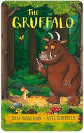 Book cover with a large brown monster with white horns and orange eyes looking at a small mouse in a green forest.