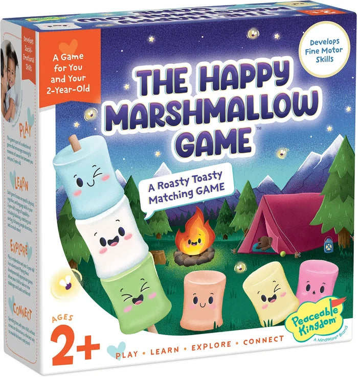 Colorful matching game box for ages 2+ with cartoon marshmallows camping in a starry forest with a pink tent and campfire.