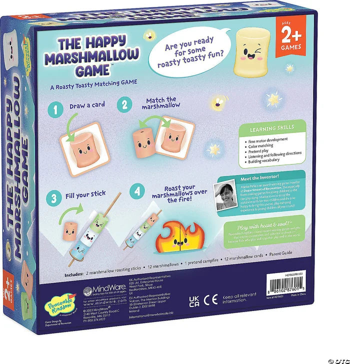 Back of a blue game box featuring illustrated gameplay steps with colorful marshmallow characters and a small campfire.