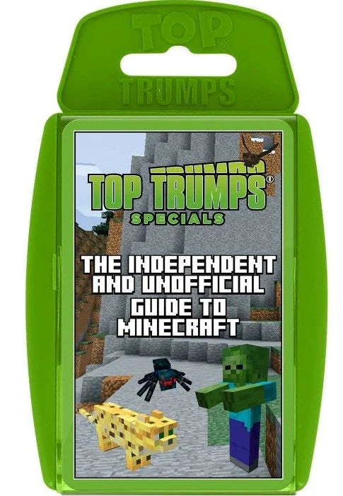 Bright green plastic Top Trumps case with Minecraft cover art featuring a zombie, spider, and ocelot.