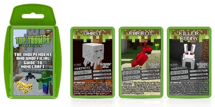 Green Top Trumps case and three Minecraft cards featuring a Ghast, red Parrot, and white Killer Bunny with game stats.