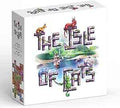 Square white box for The Isle of Cats game with stone-textured letters, colorful cats, and a tropical island scene.