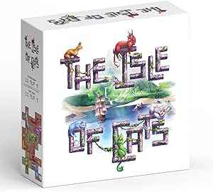 Square white box for The Isle of Cats game with stone-textured letters, colorful cats, and a tropical island scene.