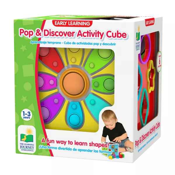 Colorful toy box for an activity cube featuring a rainbow pop-it flower face, shape sorting side, and a toddler playing.