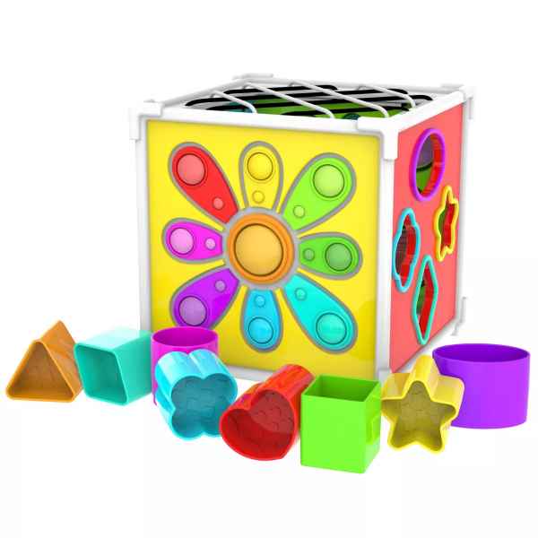 Colorful toy cube with a flower popper face and eight assorted shape-sorting blocks in various bright colors.