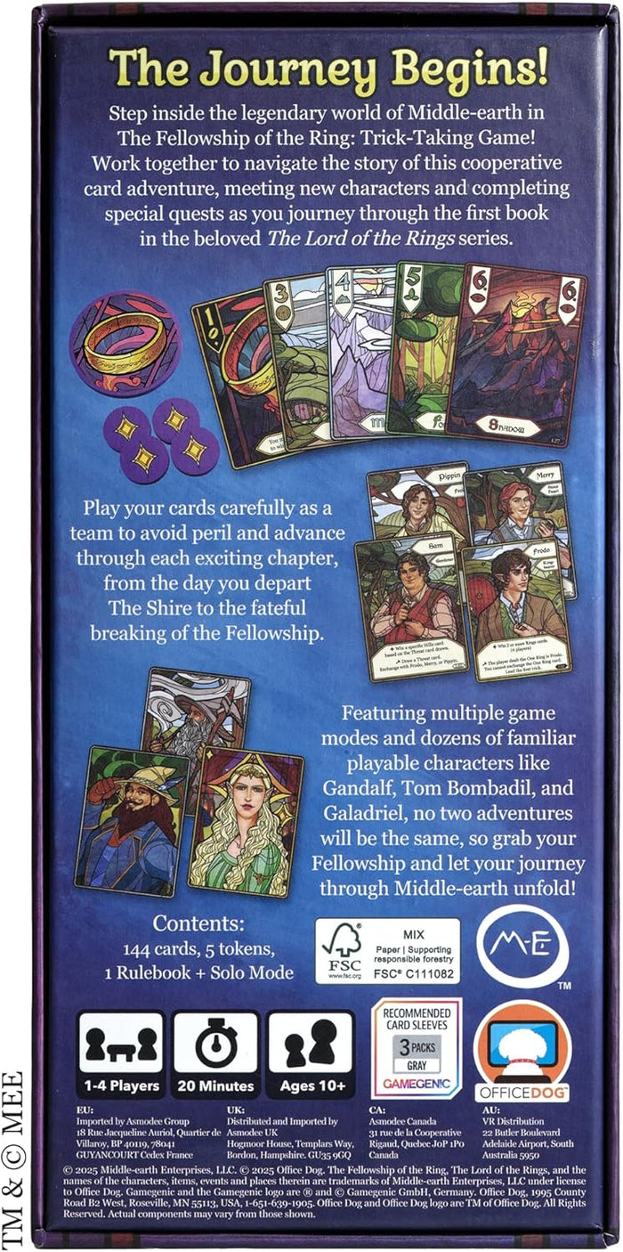 Back of a purple board game box showing character cards, tokens, and details for a Middle-earth trick-taking game.