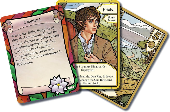 Three illustrated game cards featuring Frodo Baggins, story text on a scroll, and a green Hobbiton landscape.
