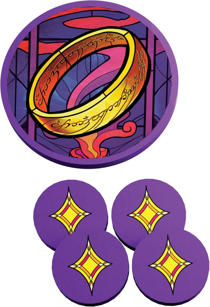 Large round token featuring a gold ring in stained-glass art and four small purple tokens with yellow star designs.