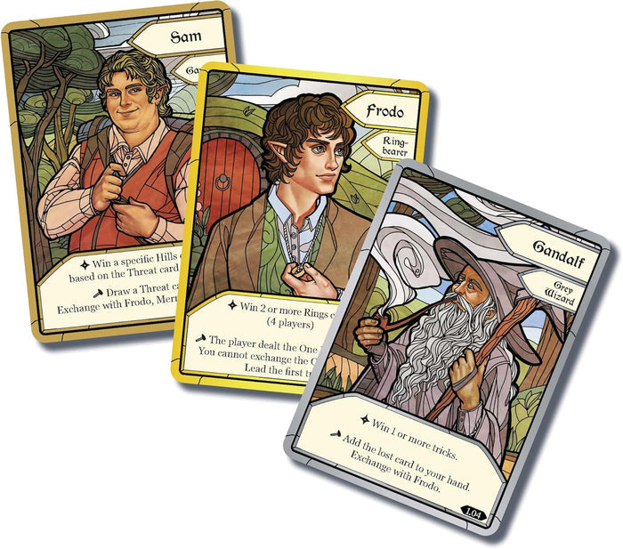 Three game cards featuring Sam, Frodo, and Gandalf in a stained-glass art style with yellow and grey borders.