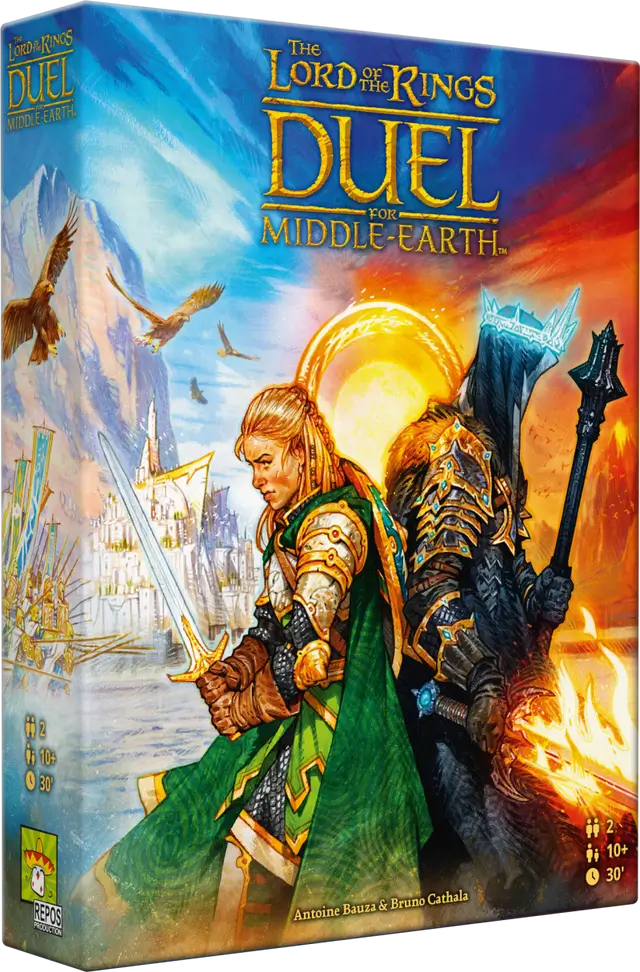 Game box art with an armored Elf and Nazgûl back-to-back against split blue sky and fiery red backgrounds.