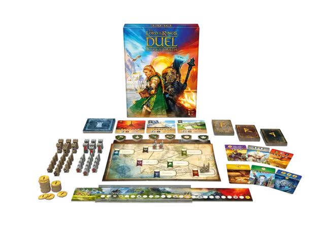 Board game box featuring fantasy characters, map board, cards, grey miniature towers, and gold coins on white.