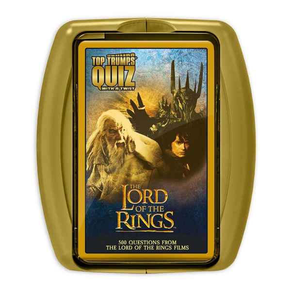 Gold rounded plastic case holding a Lord of the Rings trivia game with Gandalf, Frodo, and Sauron on the cover.