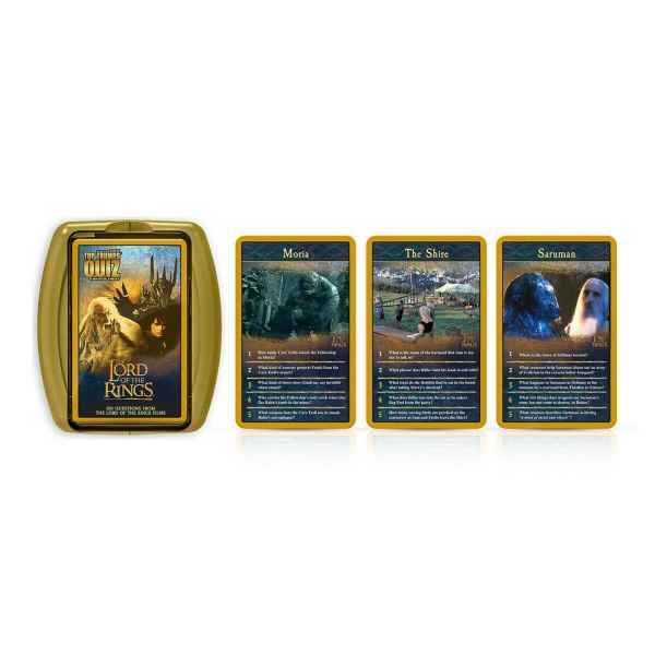 Gold case with quiz cards beside three sample cards featuring movie scenes, blue backgrounds, and numbered questions.