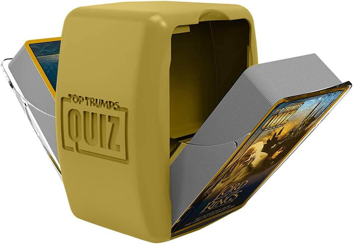 Gold Top Trumps Quiz game case with hinged sides open revealing decks of Lord of the Rings cards.