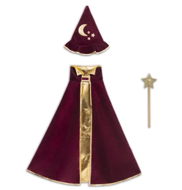 Bordeaux velvet magician hat with gold moon and stars, matching cape with gold trim, and a gold star wand.