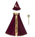 Bordeaux velvet magician hat with gold moon and stars, matching cape with gold trim, and a gold star wand.