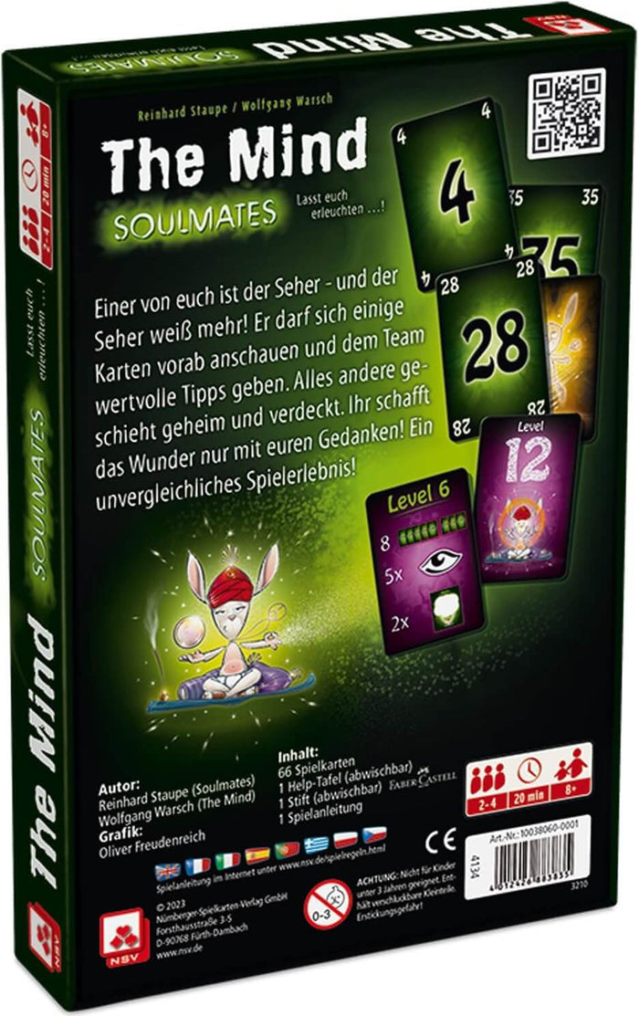 Back of dark green game box featuring numbered cards, a meditating character, and German game descriptions.