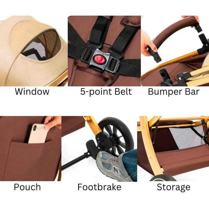 Baby Way NZ The Mint 2-in-1 high view reversible bassinet stroller in khaki, suitable for ages 0-3 years, with a convertible design.
