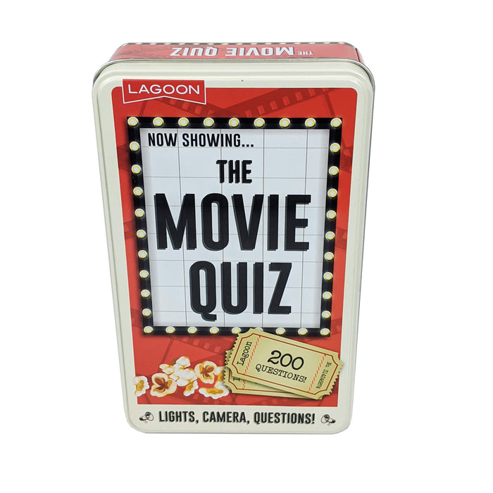 Vintage-style off-white tin with a red cinema marquee design, marquee lights, popcorn, and movie tickets.