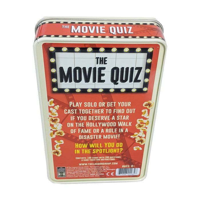 Movie trivia game in a red metal tin featuring a lighted cinema marquee sign and popcorn illustrations.