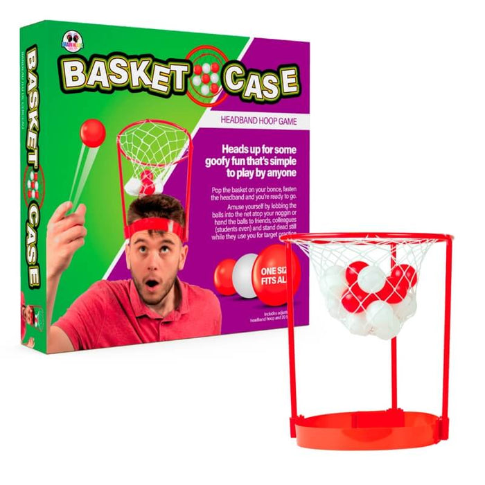 Green game box next to a red plastic headband hoop toy filled with several red and white balls.