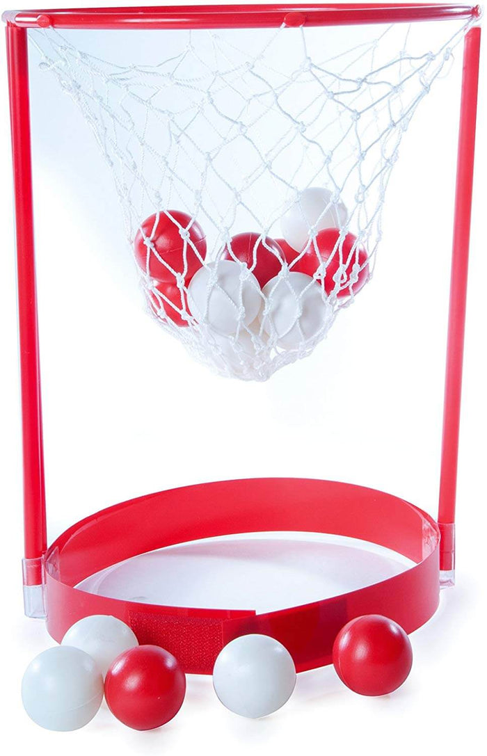 Red plastic head-mounted hoop game with white net, upright poles, and small red and white balls.