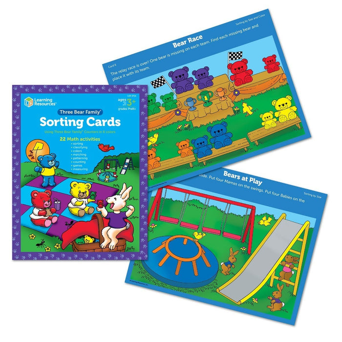 Vibrant activity cards for Three Bear Family featuring colorful bears in racing and playground sorting game scenes.