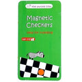 Green rectangular tin for Magnetic Checkers featuring a cartoon zebra on a checkered board with one orange piece.