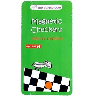 Green rectangular tin for Magnetic Checkers featuring a cartoon zebra on a checkered board with one orange piece.