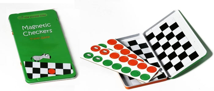 Green travel tin shown closed and open with its magnetic checkerboard and red and green circular game pieces.
