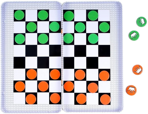 Open travel checkers tin with green and orange magnetic pieces on a black and white grid and extra crown magnets.