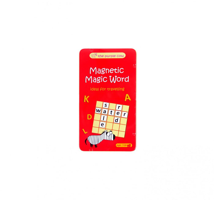 Red rectangular tin featuring word game graphics, yellow letters, a letter grid, and a cartoon zebra.