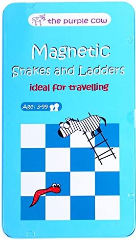 Light blue travel tin for Snakes and Ladders featuring a cartoon zebra on a ladder and a red snake on a checkered board.