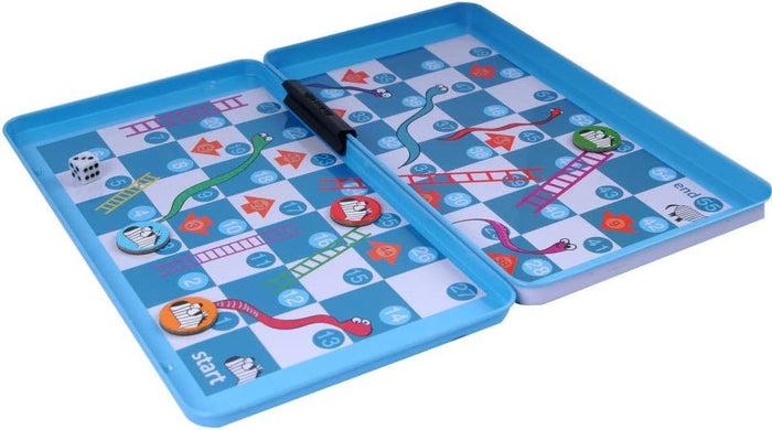 Blue magnetic travel tin with a colorful snakes and ladders board, zebra-themed game pieces, and a white die.