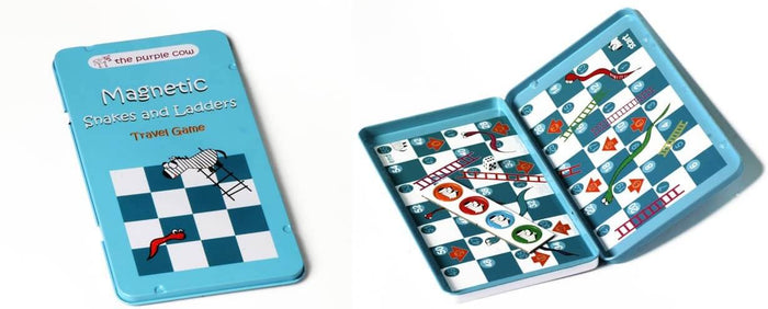 Blue metal travel tin shown closed and open with a magnetic snakes and ladders board and colorful player tokens.