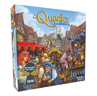 Square board game box with a colorful illustration of medieval potion makers at a market and a 2018 award logo.