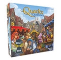Square board game box with a colorful illustration of medieval potion makers at a market and a 2018 award logo.