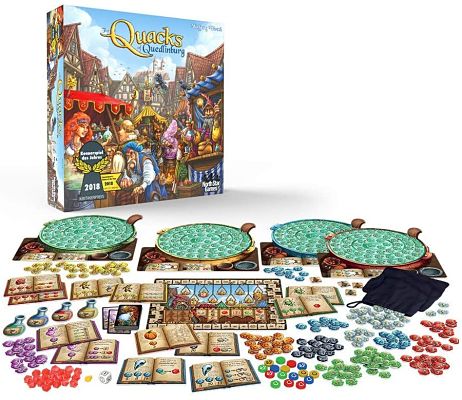 Board game box and components featuring teal cauldron boards, colorful potion tokens, and open book cards.