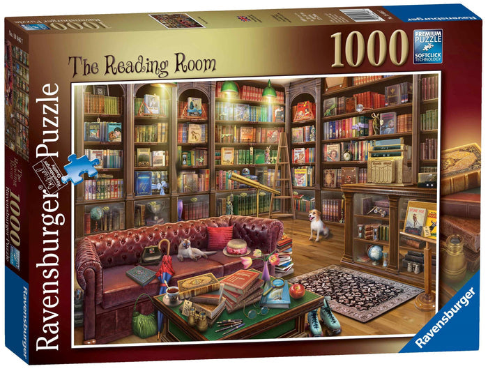 Ravensburger 1000-piece puzzle box showing a cozy library scene with a red leather sofa, cat, dog, and bookshelves.