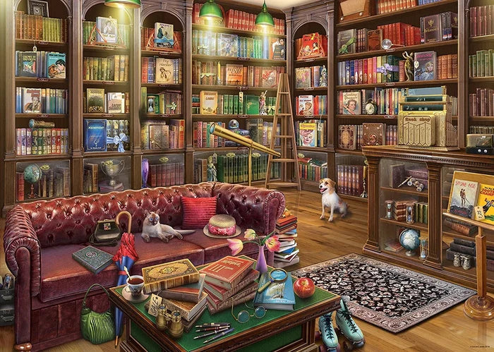 Detailed scene of a library with tall shelves, a red leather sofa, a Siamese cat, a dog, and stacks of old books.