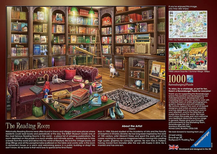Back of puzzle box featuring a detailed illustration of a cozy, book-filled library with a red sofa, dog, and world map.