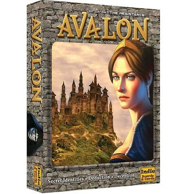 Stone-textured board game box with gold title and illustration of a woman in a blue dress with a castle behind her.