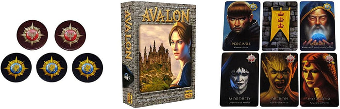 Game box with fantasy art, five round red and blue tokens, and six character cards with detailed portraits.