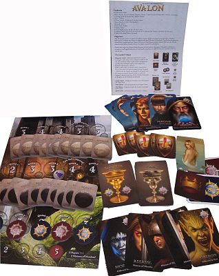 Medieval fantasy board game pieces including illustrated character cards, gold chalice cards, and circular tokens.