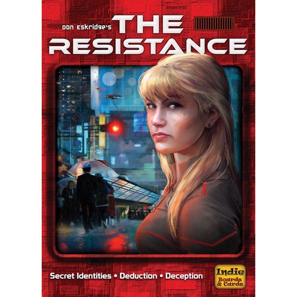 Red game box featuring a blonde woman over a neon-lit futuristic city scene with the title The Resistance.