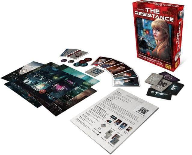 Red box for The Resistance board game displayed with sci-fi character cards, circular tokens, and numbered game boards.