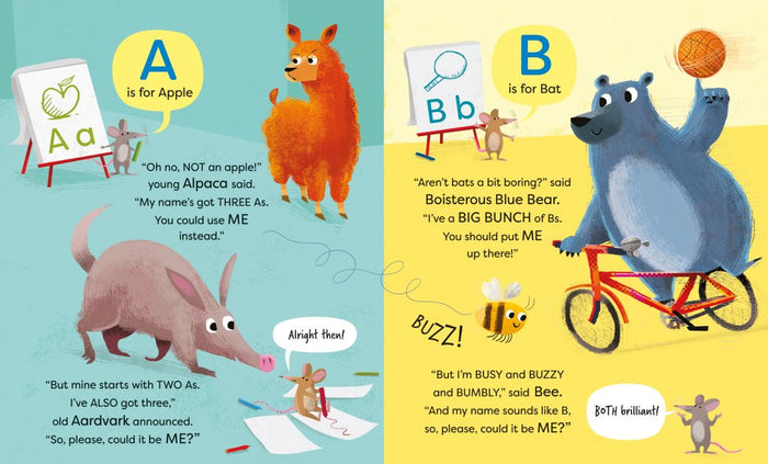 Illustrated pages for letters A and B with an orange alpaca, pink aardvark, blue bear on a bicycle, and a bee.