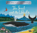 Book cover showing a large black whale in the ocean, a snail on its tail, an erupting volcano, and a red parrot.