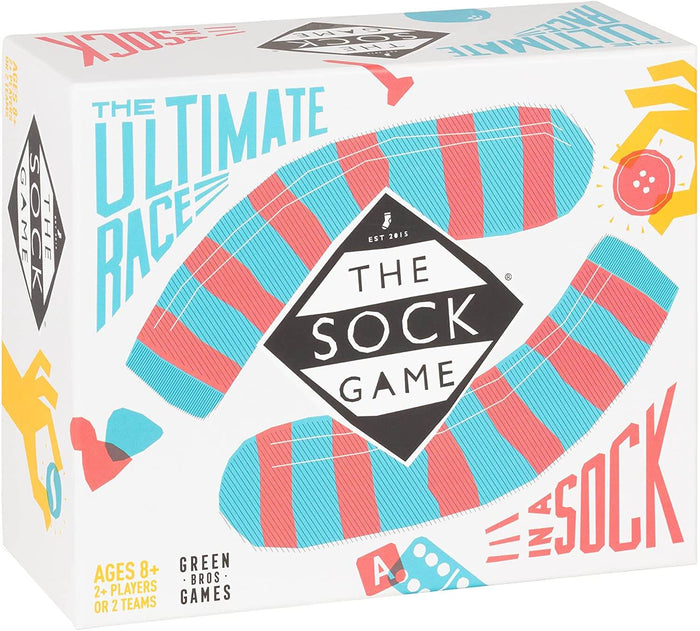 White game box featuring a large teal and red striped sock and a black diamond logo with the title The Sock Game.