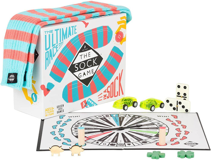 White game box with blue and pink striped socks, a spinner board, lime green cars, and assorted game pieces.